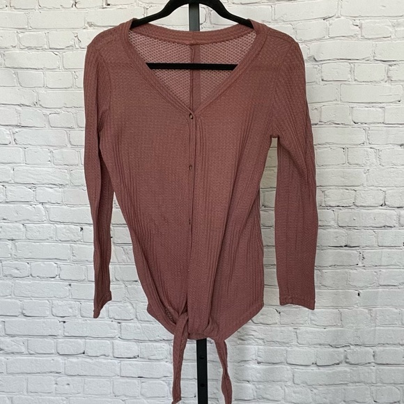 Dusty Rose Thermal Knit Front Tie Long Sleeve Size Small - Picture 1 of 2